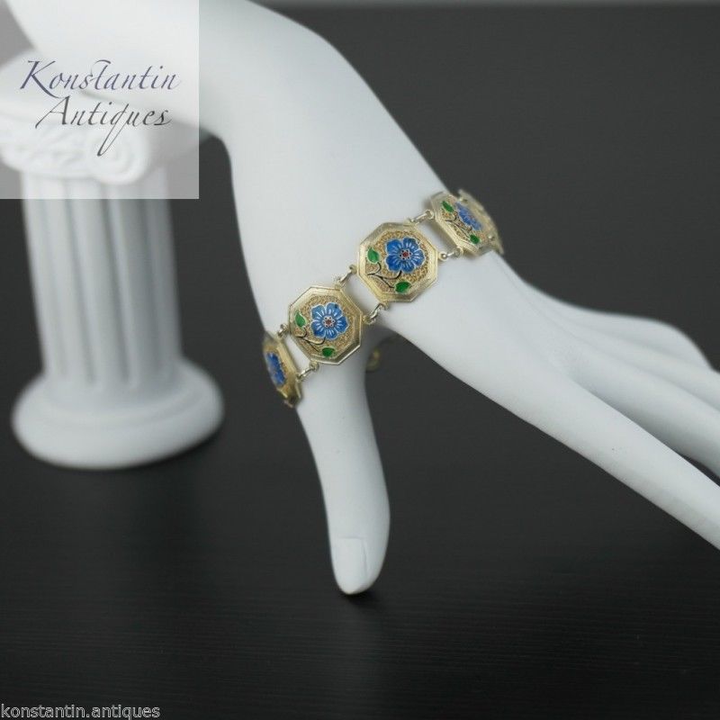 Pulsera vintage de plata maciza chapada en oro con flores esmaltadas de Portugal 