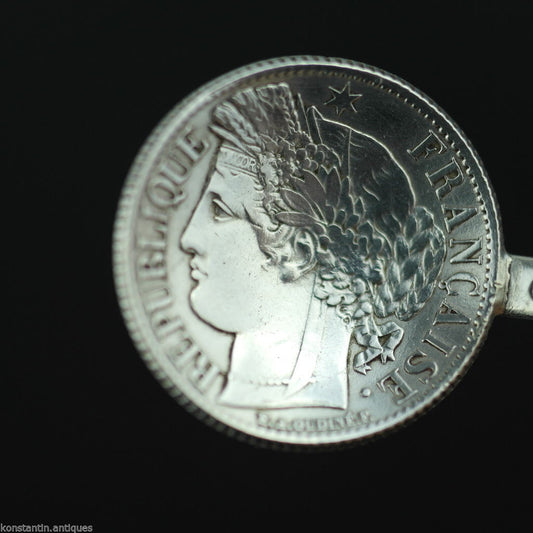 Cuchara de moneda de plata maciza antigua de 1872 Francia Republique Liberte 1 Franc