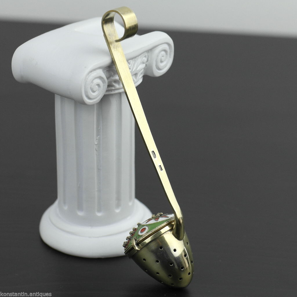 Vintage 916 sterling silver enamel gilt tea strainer Russian Leningrad