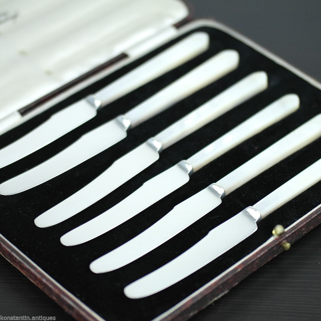 Antique 1932 Sheffield solid silver set of six knives with Nacre handles