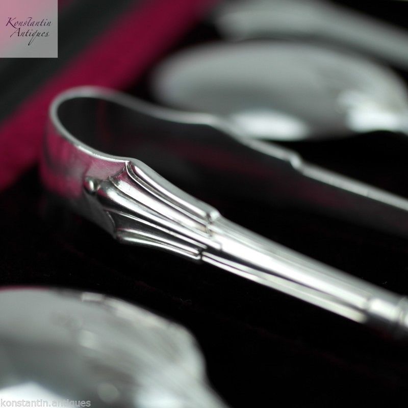 Antique 1905 sterling silver tea spoons set 12+ tongs Sheffield Atkin Brothers