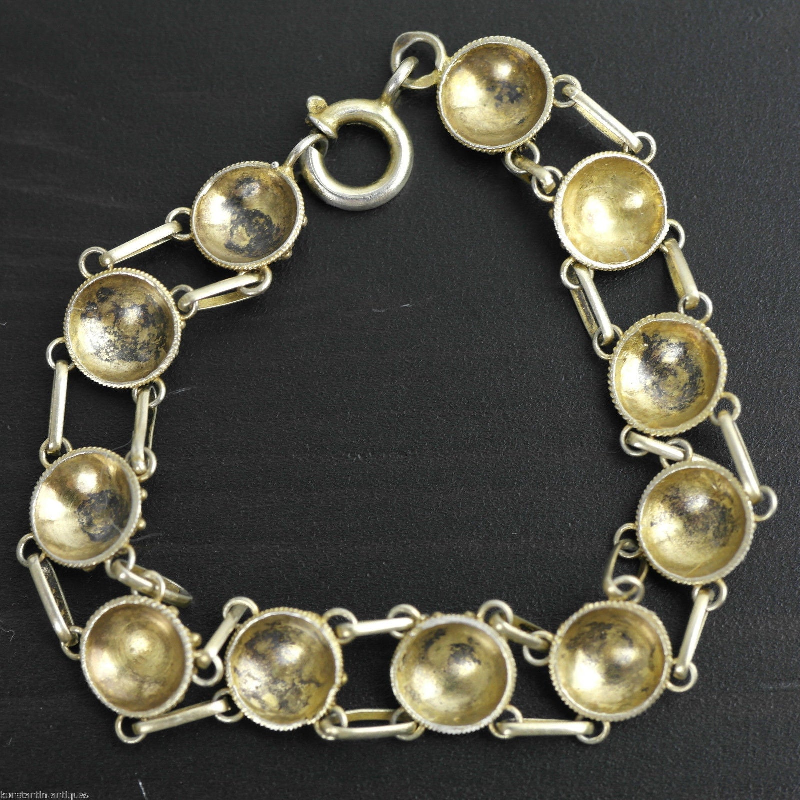 Cadena de pulsera antigua de esmalte guilloché bañada en oro de plata maciza del siglo XX Proto 833 