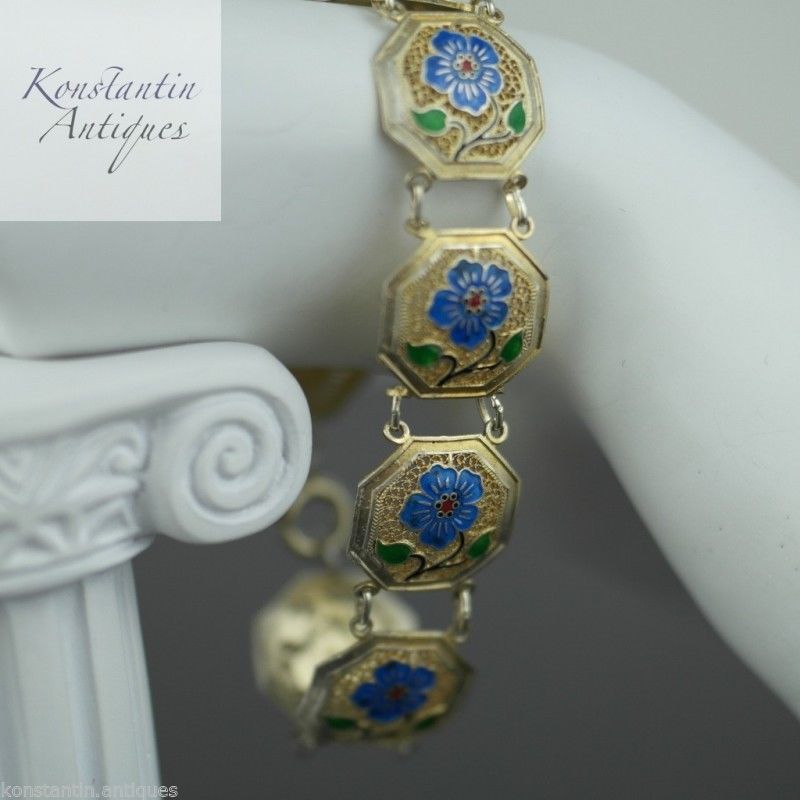 Pulsera vintage de plata maciza chapada en oro con flores esmaltadas de Portugal 
