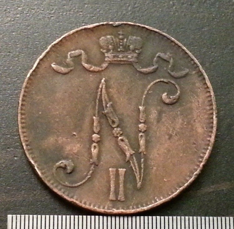Antique 1913 coin 5 pennia Emperor Nicholas II of Russian Empire Finland