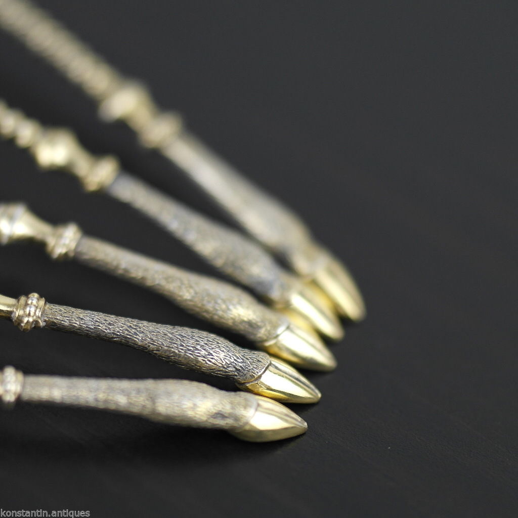 Antique Italian sterling silver spoons set 5 five gilt deer legs handles Italian