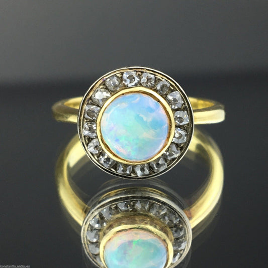 Antique 18ct gold ring with genuine opal and old cut diamonds