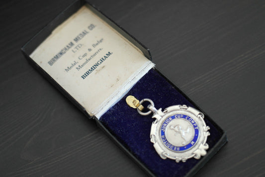 Vintage 1934 medalla de esmalte de plata de ley Redditch Junior Cup Compt en caja 