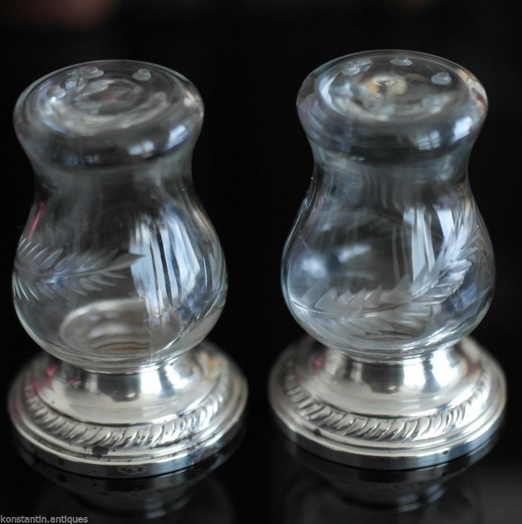 Ruedas de olla de sal de pimienta antigua vidrio fondo de plata de ley Quaker NEWPORT