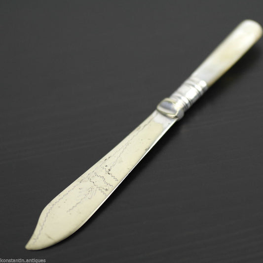 Antiguo plato de plata cuchillo de cuento nácar mango de nácar británico EP NS