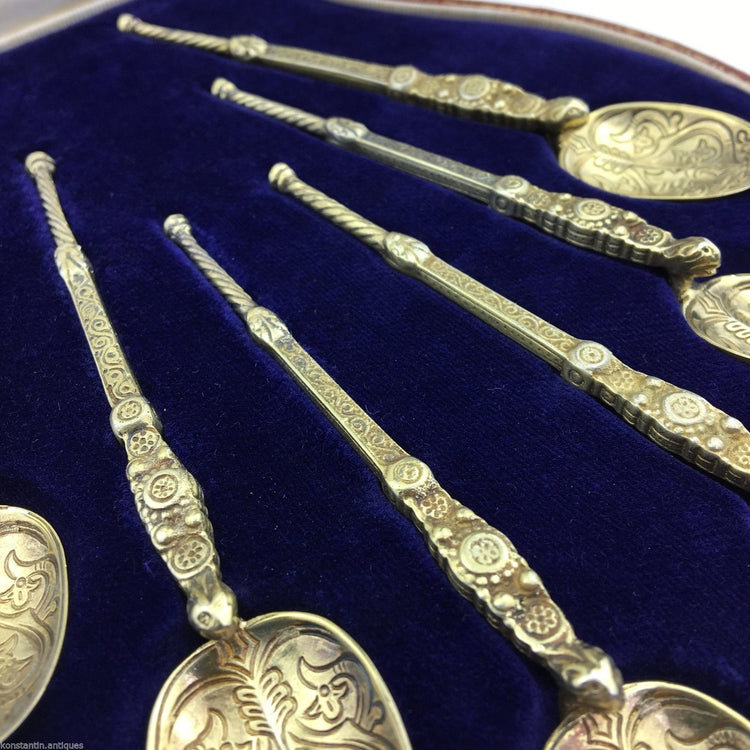 Vintage 1936 gild solid silver anointing spoons set of six Birmingham E&Co