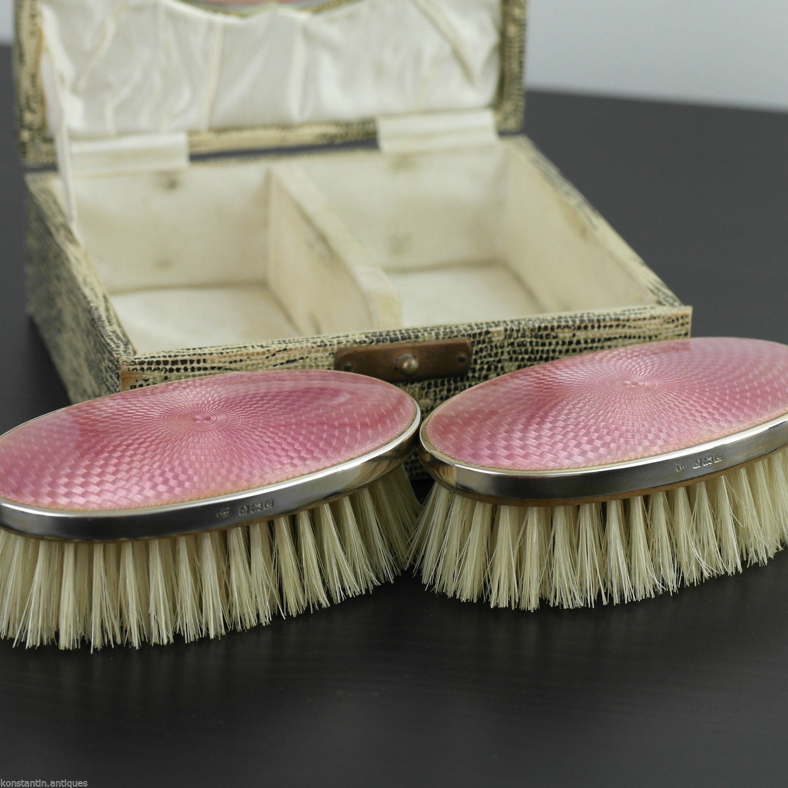Antique 1927 sterling silver guilloche enamel brushes Birmingham Art Deco