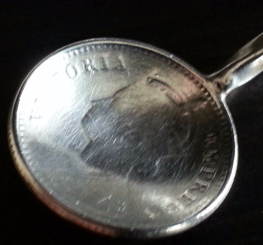 Antique 1901 solid silver coin spoon salt mustard quarter Rupee India British Empire