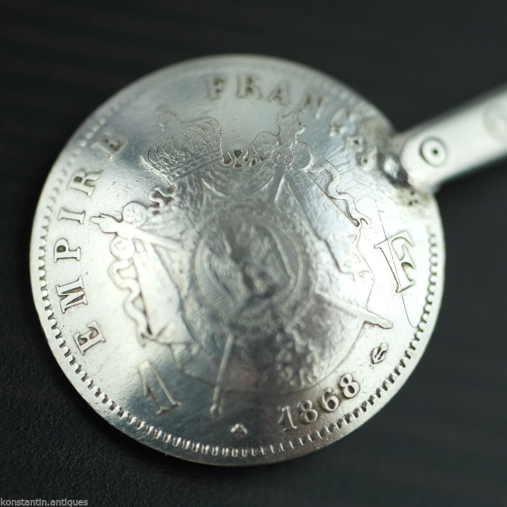 Antiker Münzlöffel aus massivem Silber aus dem Jahr 1868, französisches Kaiserreich, Napoleon III., 1 Franc