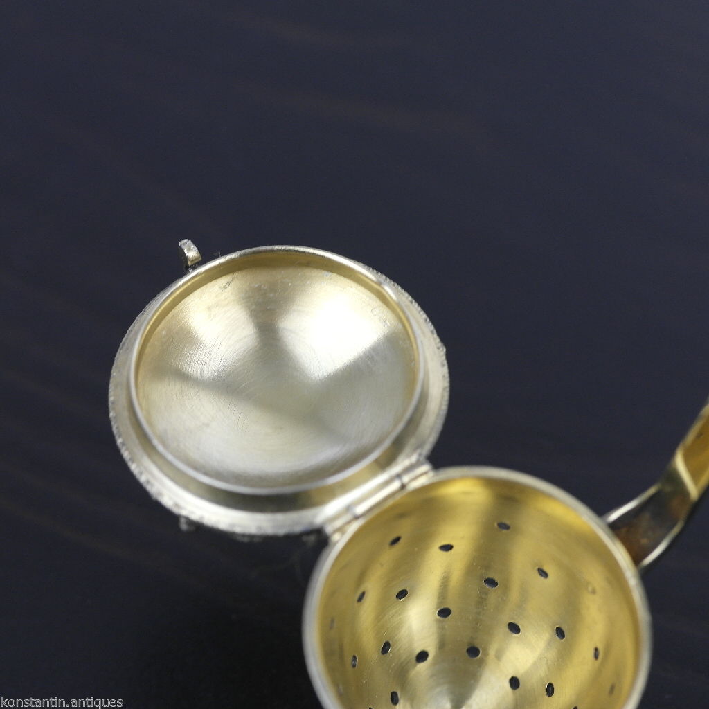 Vintage 916 sterling silver enamel gilt tea strainer Russian Leningrad