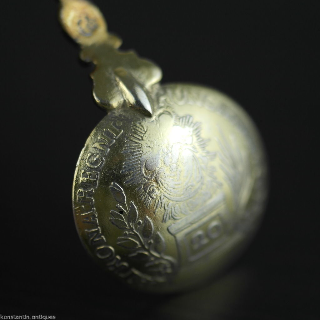 Antiker 20-Kreuzer-Münzlöffel aus vergoldetem Silber von 1763, Theresia, Österreichisches Kaiserreich, 800