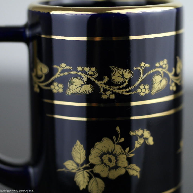 Vintage hand made 24ct Gold plated pottery tankard mug Greek blue solid gift
