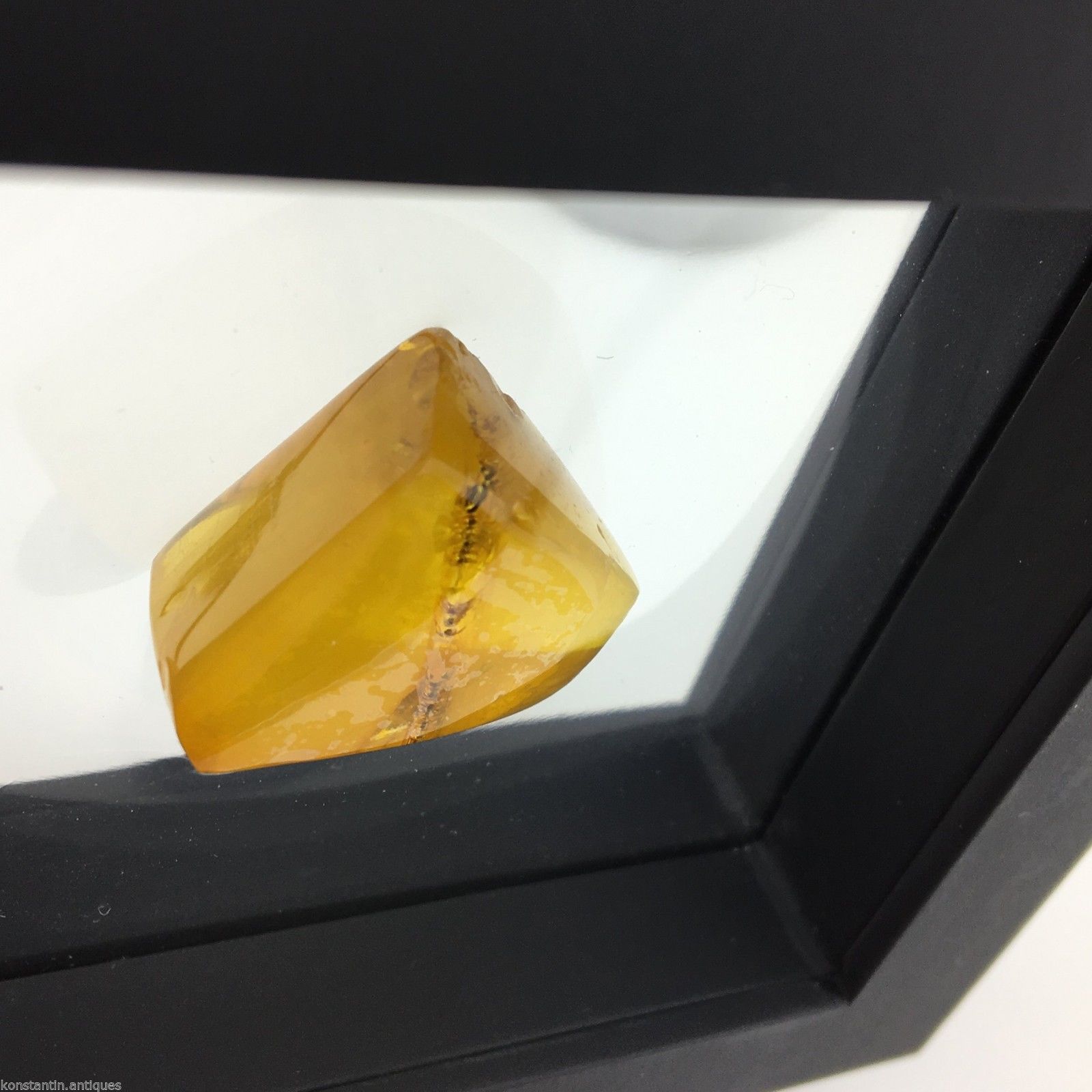 Piedra auténtica de ámbar báltico con inclusión en marco de exhibición.
