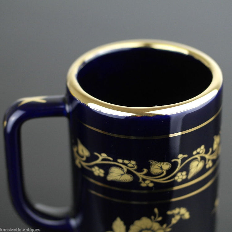 Vintage hand made 24ct Gold plated pottery tankard mug Greek blue solid gift