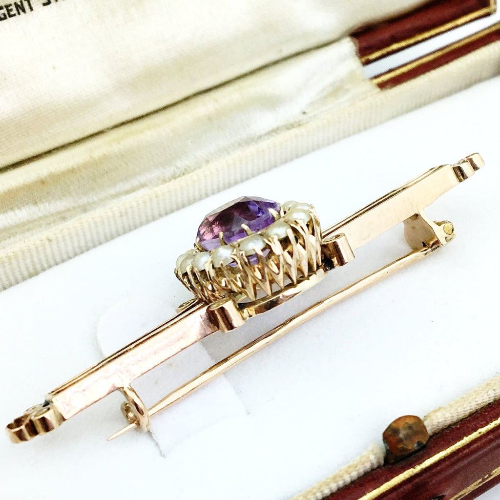 Antike russische Empire-Brosche aus 56-Gold mit Amethyst- und Saatperlengruppe