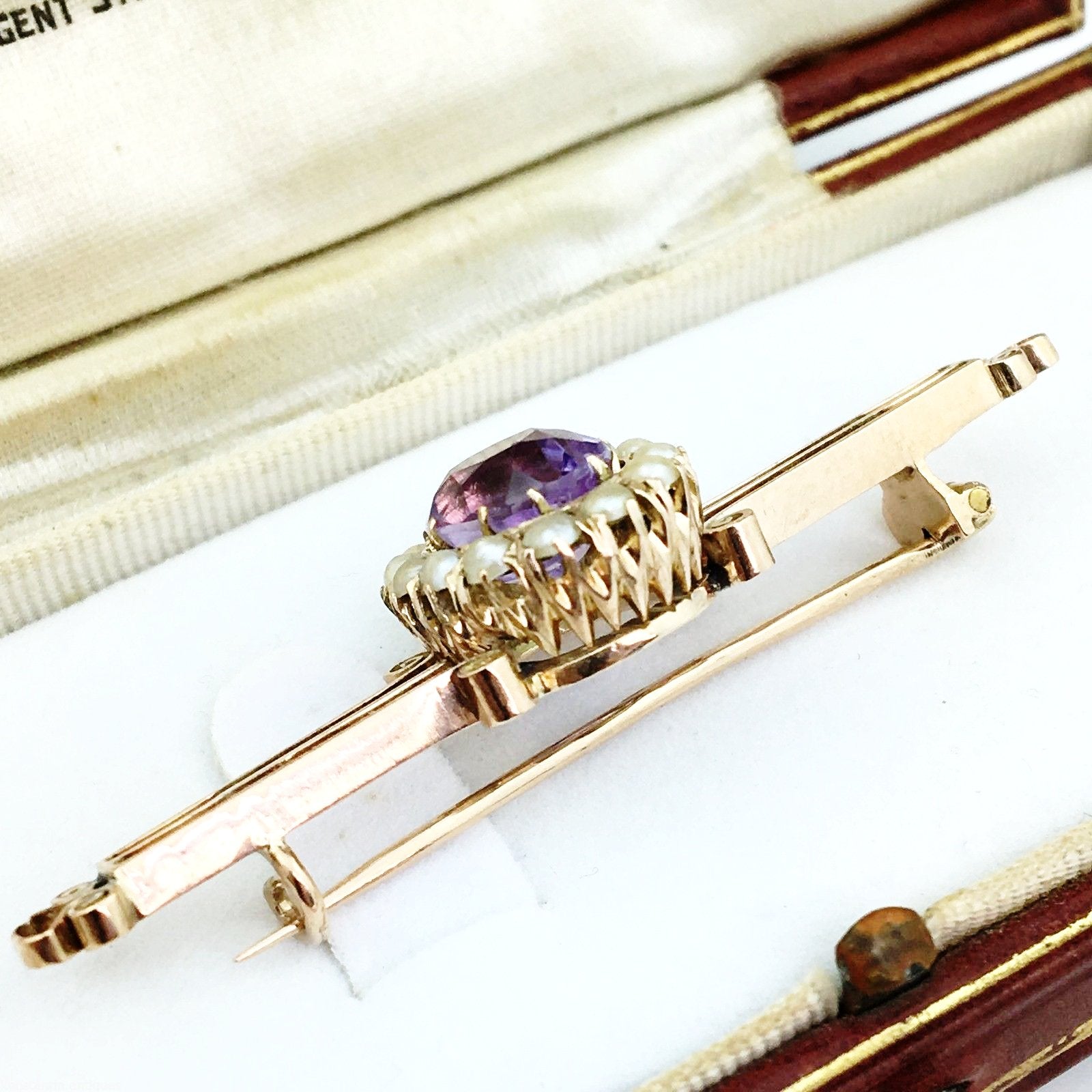 Antique Russian Empire 56 gold brooch with Amethyst and seed pearls cluster