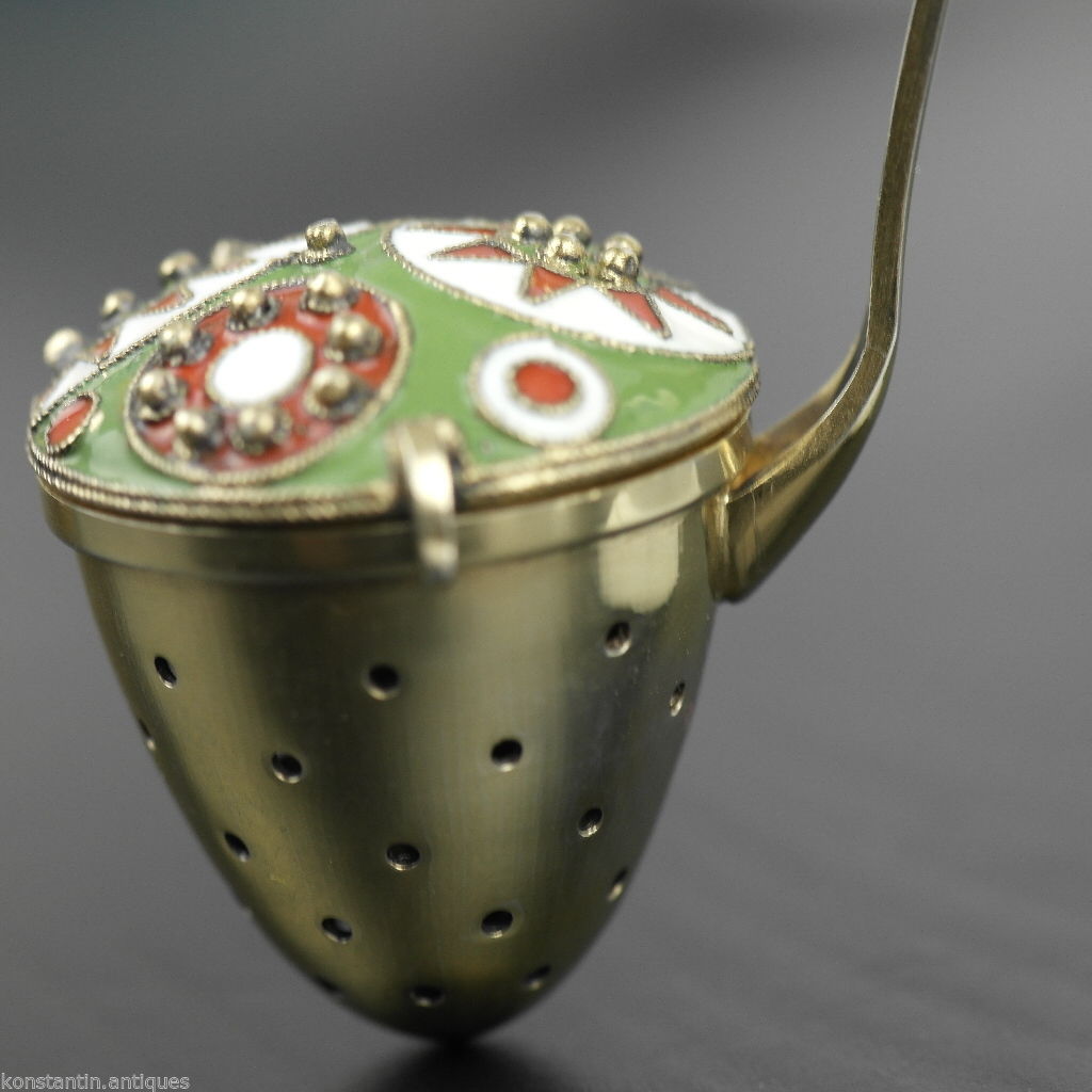 Vintage 916 sterling silver enamel gilt tea strainer Russian Leningrad