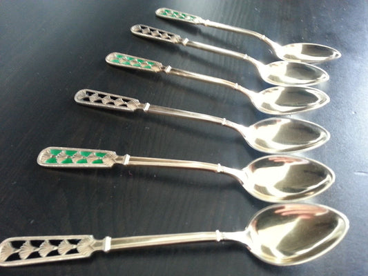 Antique set of six solid silver gilt enamel tea spoons David Andersen Norway