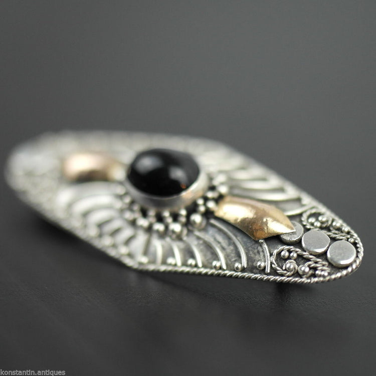 Antique sterling silver black Onyx stone pin brooch with gold elements 925
