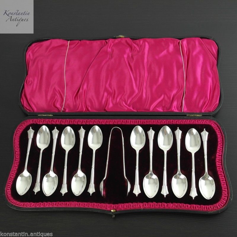 Antique 1905 sterling silver tea spoons set 12+ tongs Sheffield Atkin Brothers