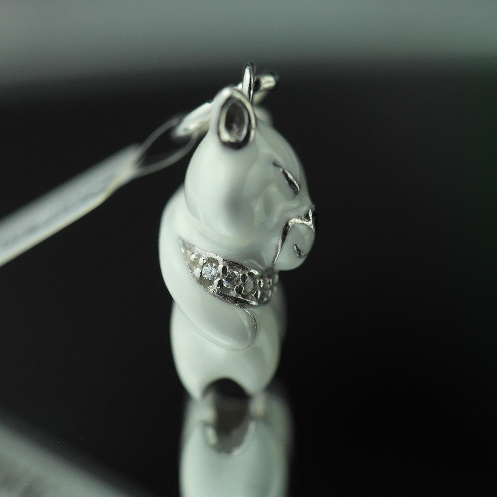 Sterling silver pendant white Enamel Cat with incrusted collar band