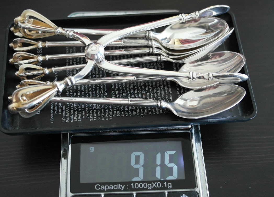 Vintage sterling silver set six spoons plus tongs Denmark W&S Sorensen in box