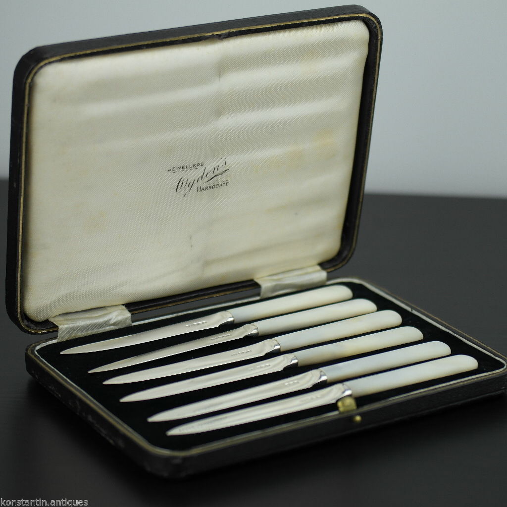 Antique 1935 solid silver set of six knives with Nacre handles