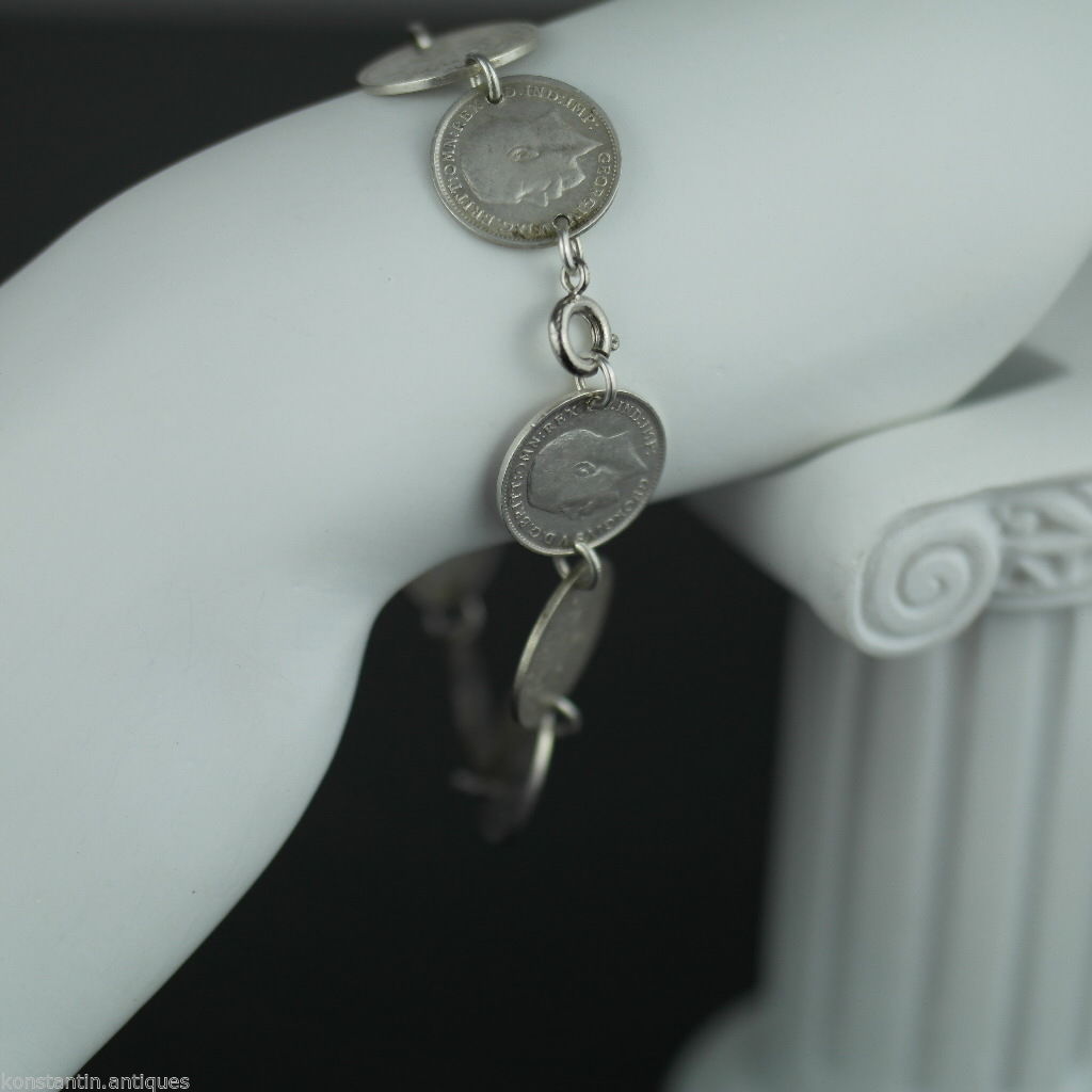 Antigua cadena de pulsera de monedas de plata de 1908 - 1937 Rey Jorge V del Imperio Británico 