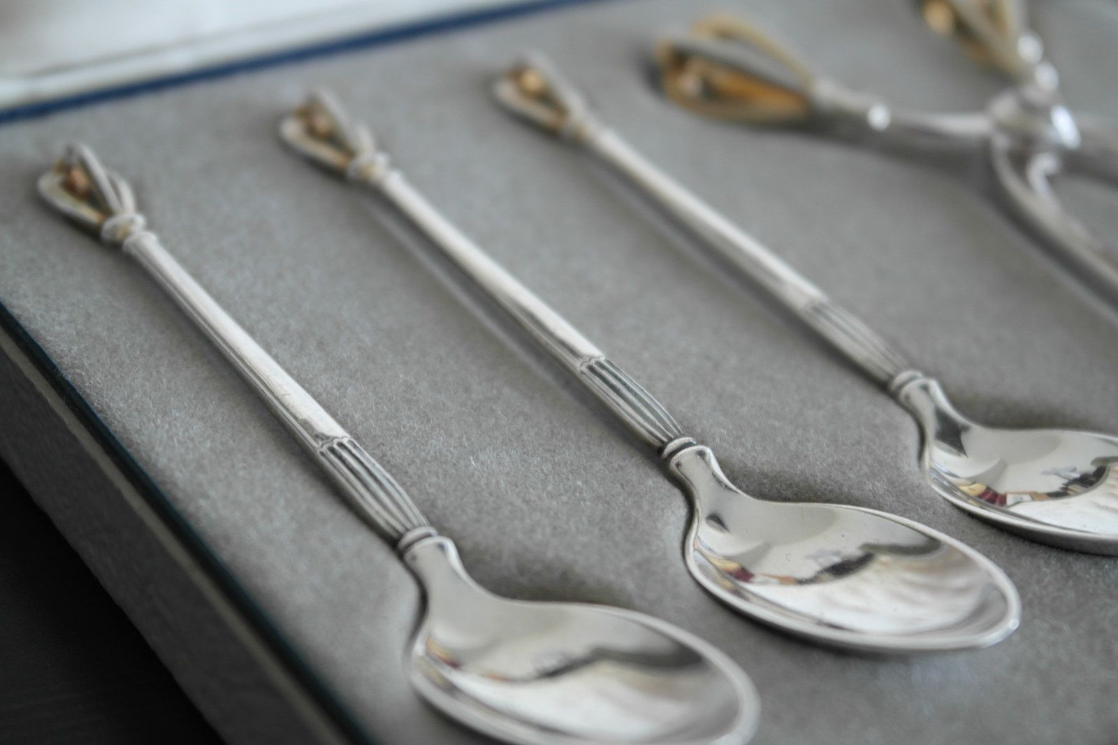 Vintage sterling silver set six spoons plus tongs Denmark W&S Sorensen in box