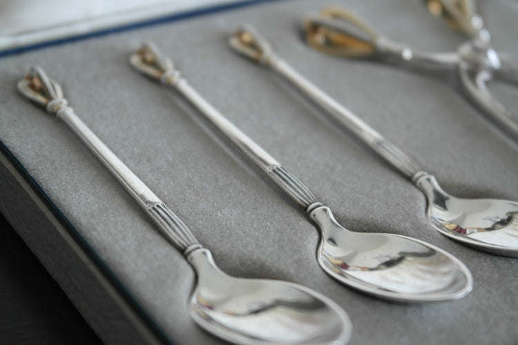 Vintage plata de primera ley set seis cucharas más pinzas Dinamarca W&amp;S Sorensen en caja
