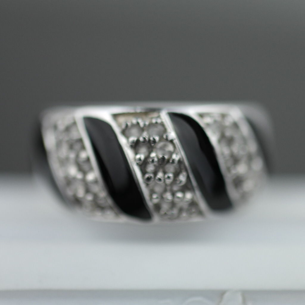 Modern sterling silver ring black enamel with CZ stones Scandinavian style 925