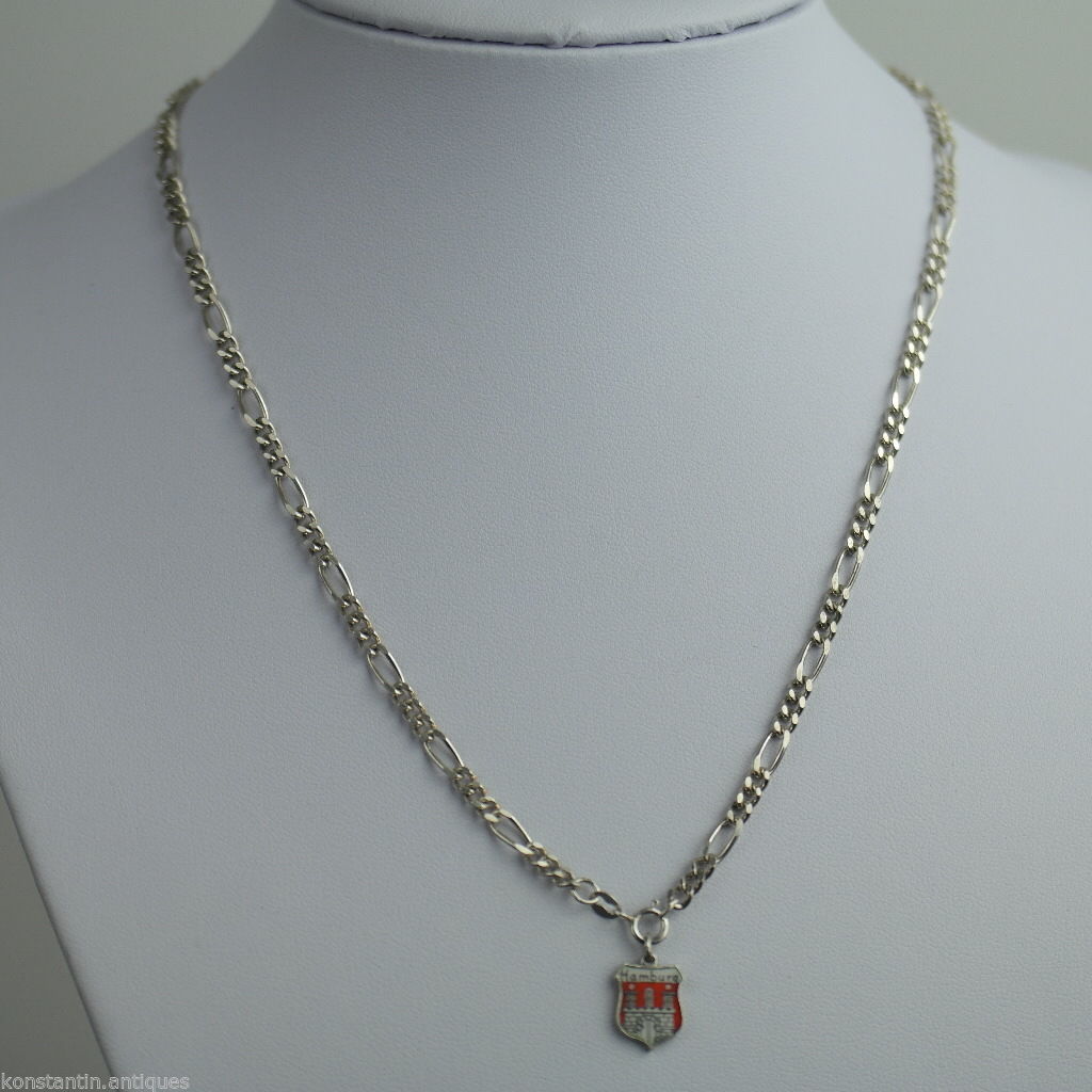 Antique sterling silver chain enamel pendant Hamburg Germany charm solid gift