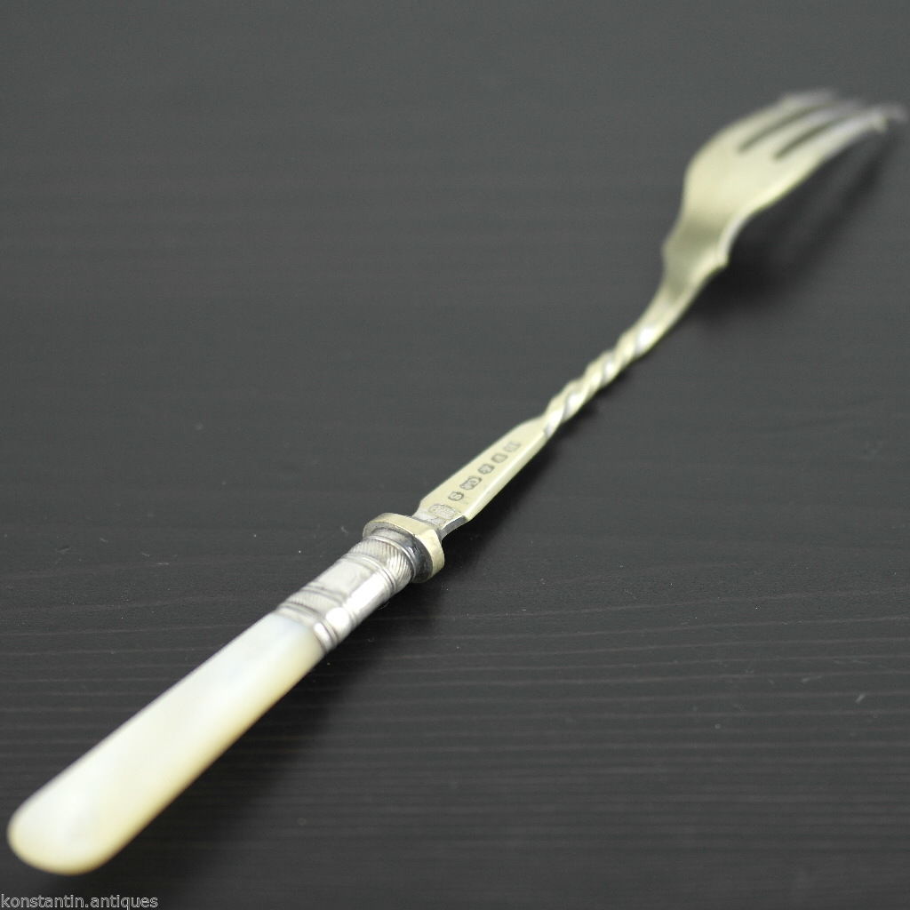 Antique table fork with mother of pearl handle Sheffield silver plate Diablo