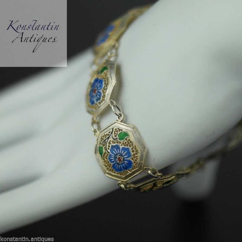 Pulsera vintage de plata maciza chapada en oro con flores esmaltadas de Portugal 