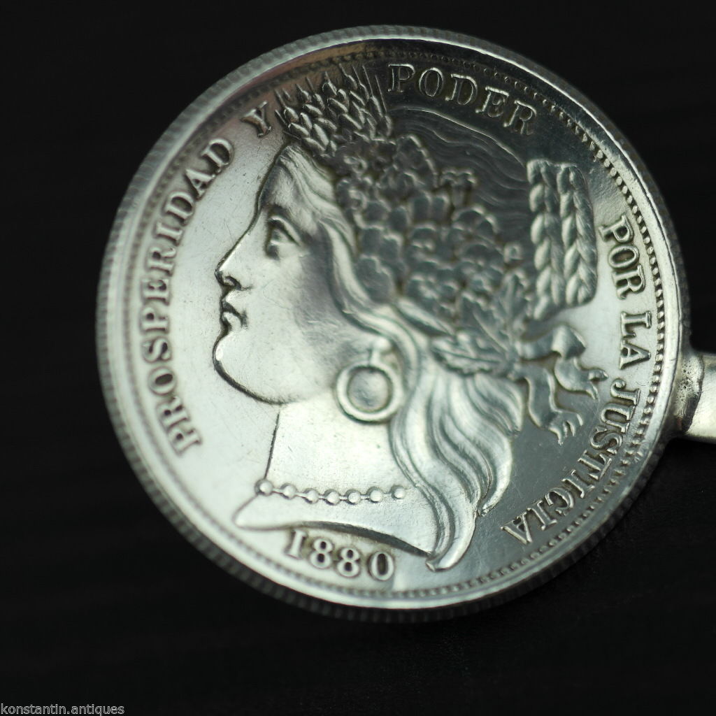 Cuchara de moneda de plata maciza antigua de 1880 República Peruana Lima Una Peseta Perú