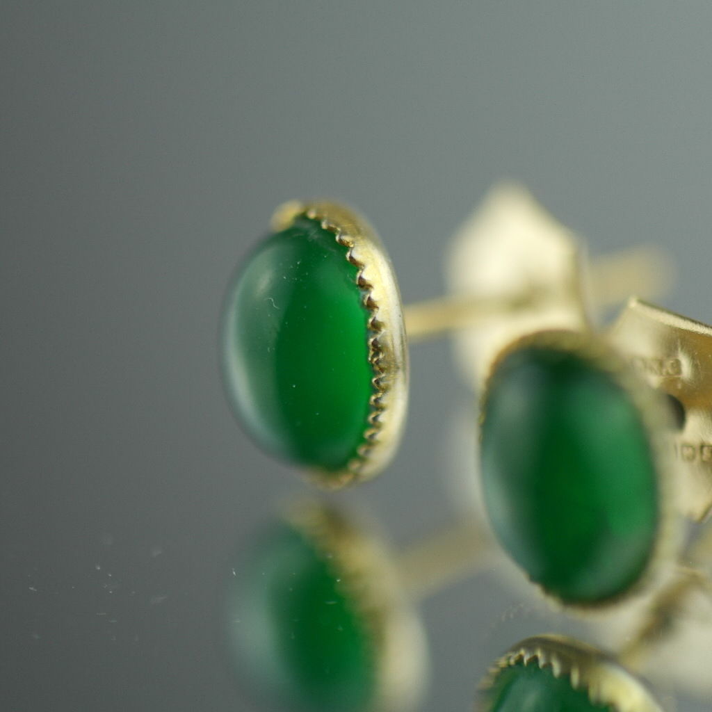 Antique 1906 Birmingham 9ct gold earrings with green Jade cabochon