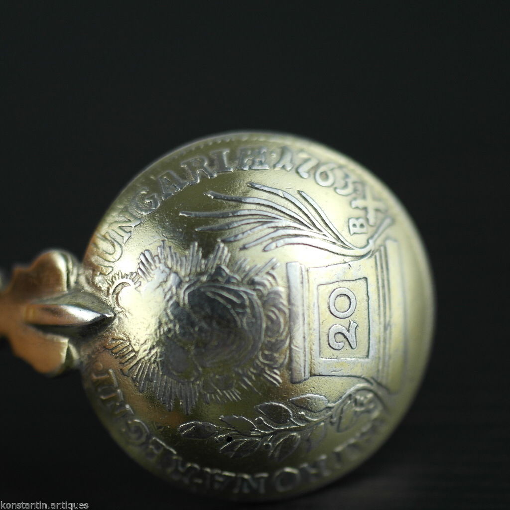 Antiker 20-Kreuzer-Münzlöffel aus vergoldetem Silber von 1763, Theresia, Österreichisches Kaiserreich, 800
