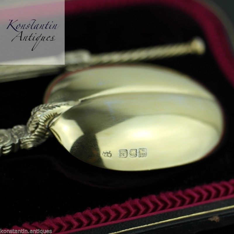 Antique 1905 gold plated sterling silver anointing spoons boxed London James Wakely & Frank Clarke Wheeler