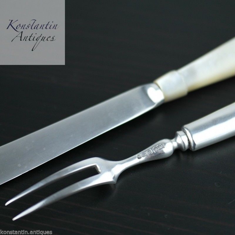 Antikes Set aus 1900er Sterlingsilber mit Perlmutt-MOP-Griffen für Gabel und Messer 