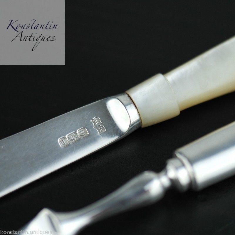 Antikes Set aus 1900er Sterlingsilber mit Perlmutt-MOP-Griffen für Gabel und Messer 