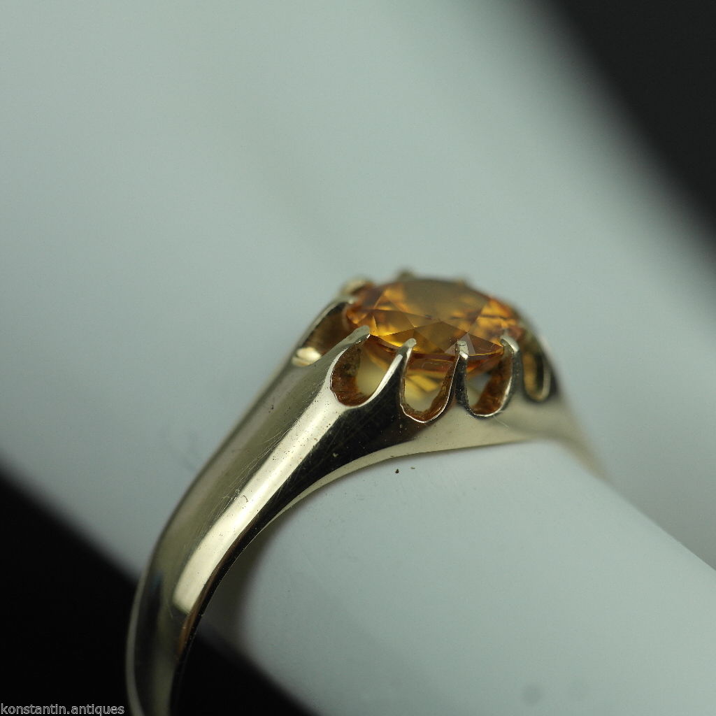 Anillo de oro antiguo de 14 quilates con topacio imperial talla brillante 56 Imperio Ruso