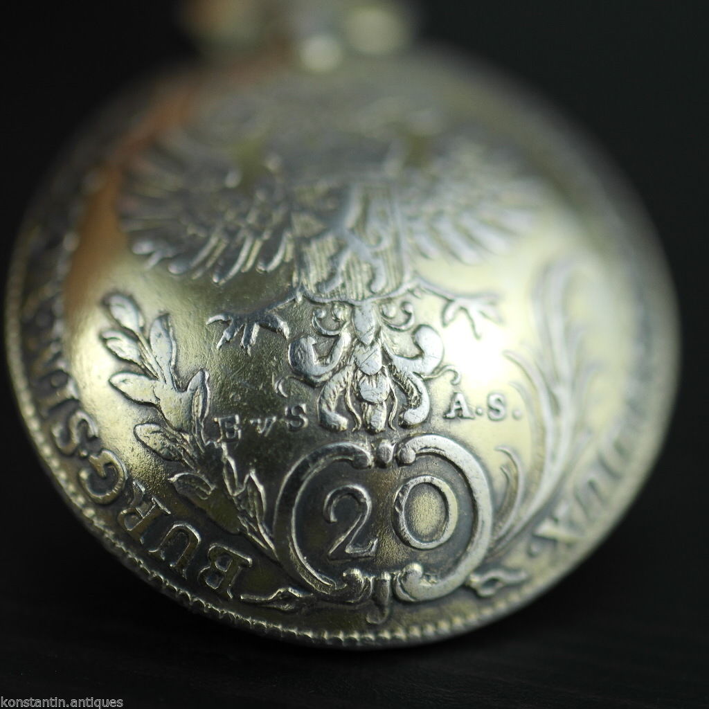 Antiguo 1770 plata dorada 20 Kreuzer moneda cuchara Theresia Imperio Austriaco 800