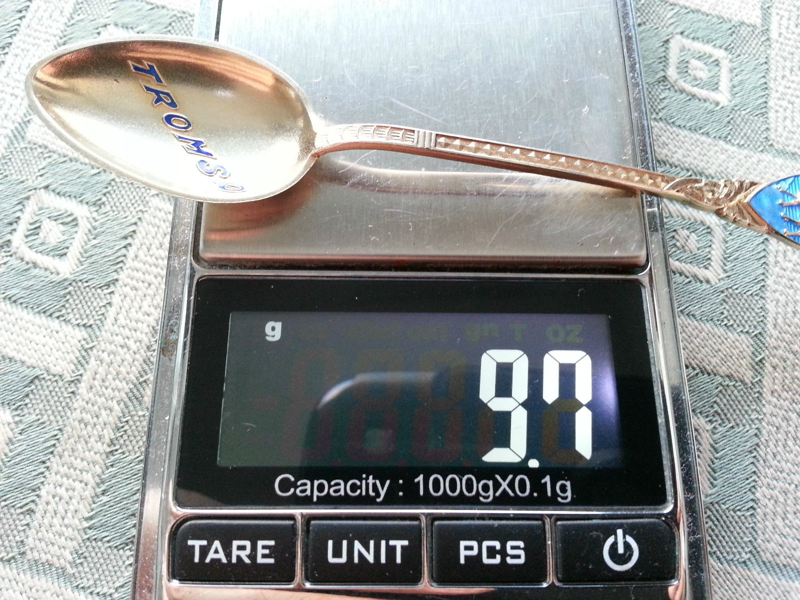 Cuchara de plata de ley chapada en oro con esmalte antiguo Noruega TROMSO HOLMSEN 925S