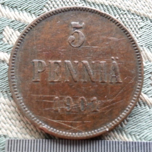 Antike 1901 Münze 5 Kopeken Pennia Kaiser Nikolaus II. des Russischen Reiches Finnland