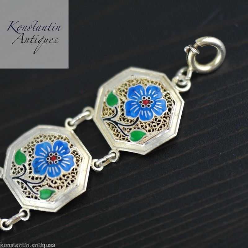 Pulsera vintage de plata maciza chapada en oro con flores esmaltadas de Portugal 