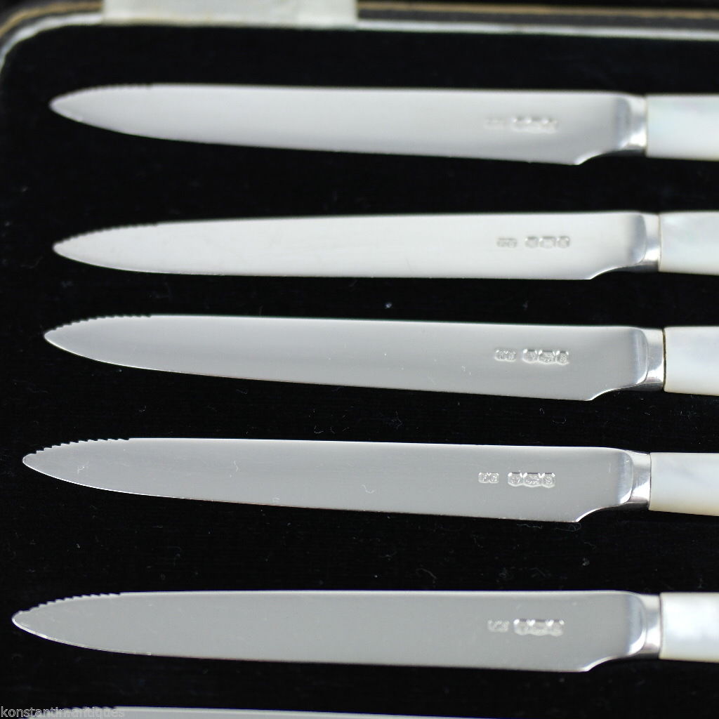 Antique 1935 solid silver set of six knives with Nacre handles